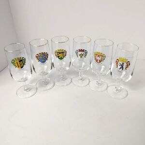Set of 6 German Coat of Arms Wine Glasses Short Stem Port 6.5 Inch Vintage